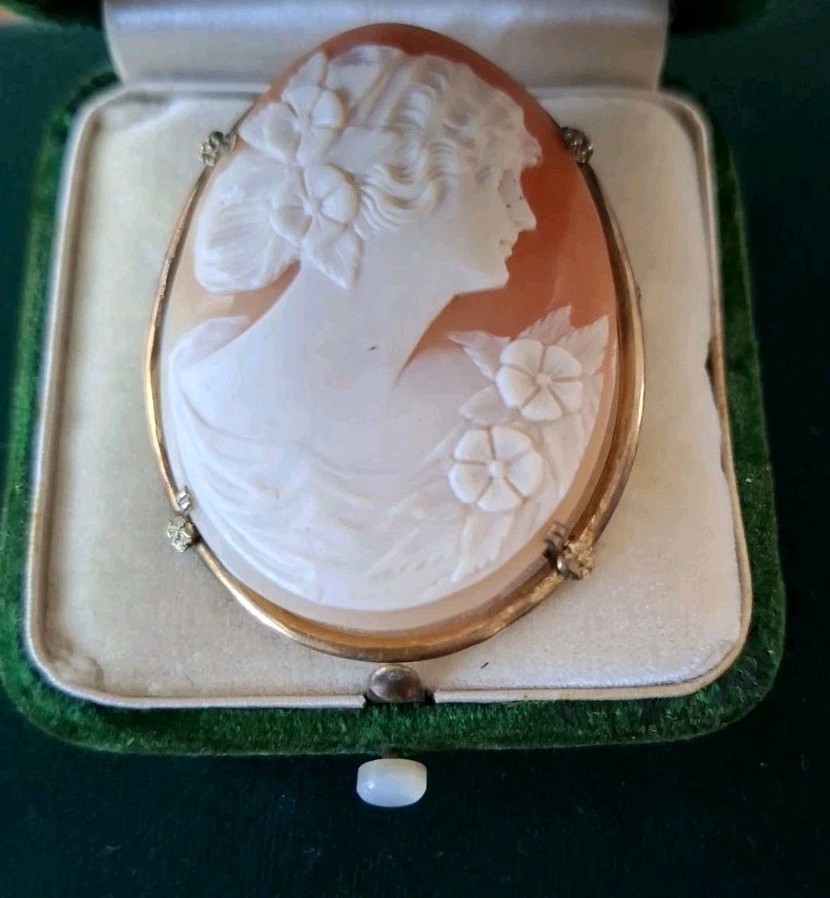 Rare Large Vintage Antique Shell Carved Cameo 1/20 12Kt Gold 2″ Long Brooch/Pin