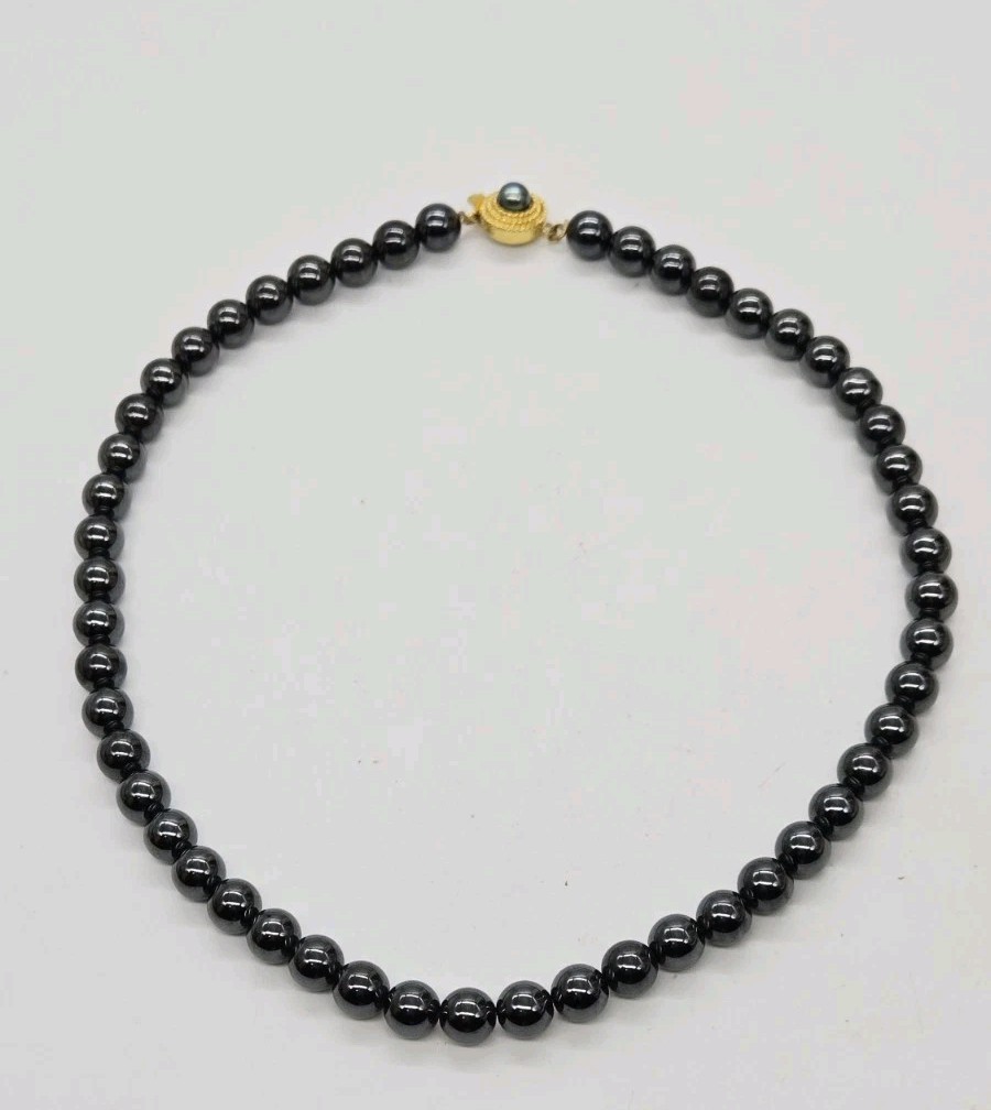 Hematite Beaded Choker Necklace Black Ball Vintage Fancy Clasp Couture Gold tone