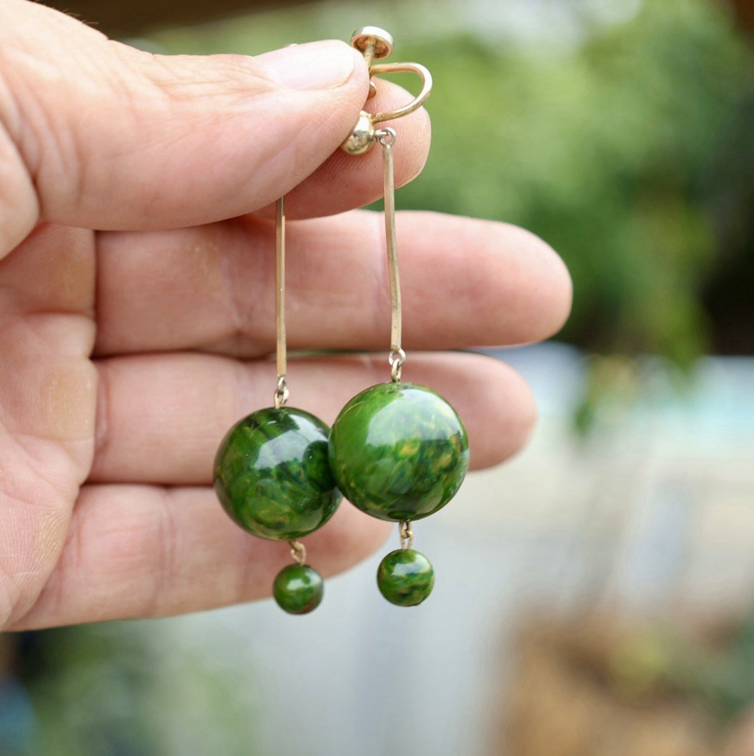Green Bakelite Dangle Earrings Screwback 12K Gold Filled Marbled Ball Drop 1940s
