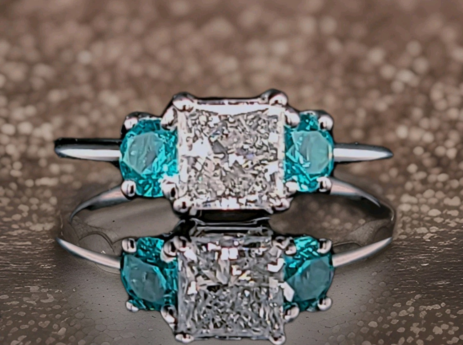 14K White Gold Engagement Three Stone Ring 1.02CT.Natural Princess Cut Diamond