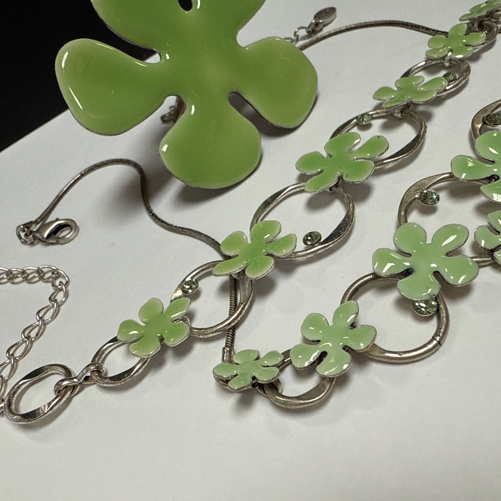 PILGRIM SIGNED SILVER TONE LIGHT GREEN ENAMELED RING BRACELET NECKLACE SET 3pc