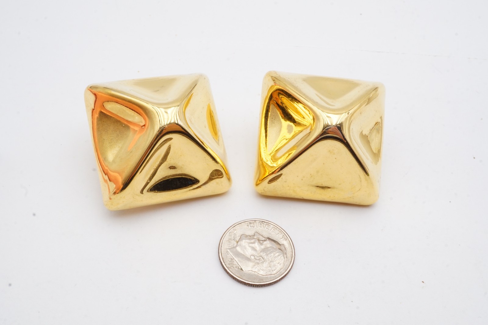 Vintage Clip On Earrings Gold Tone Pyramid Chunky