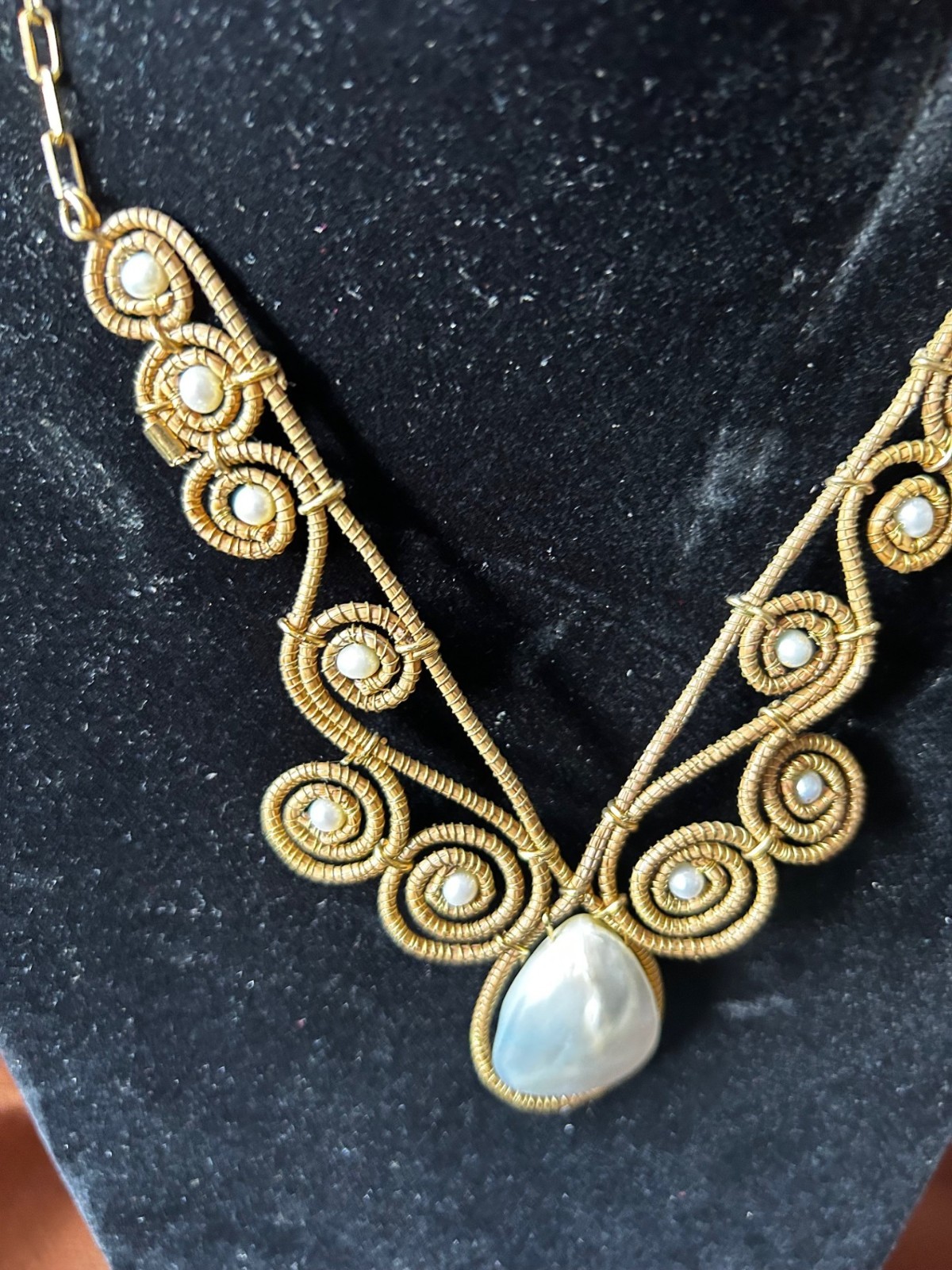 Artizan Goldtone Wire Wrapped Mother of Pearl V-neck Bib Collar Necklace