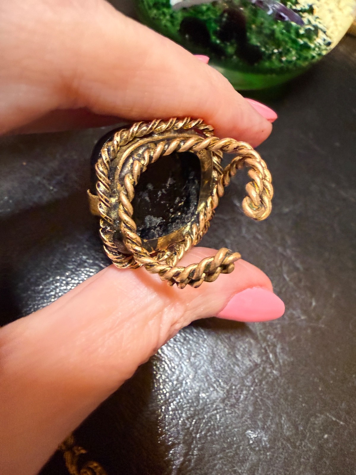 Vintage West Germany Cocktail Ring Black Glass Runway Gold Tone Oversized