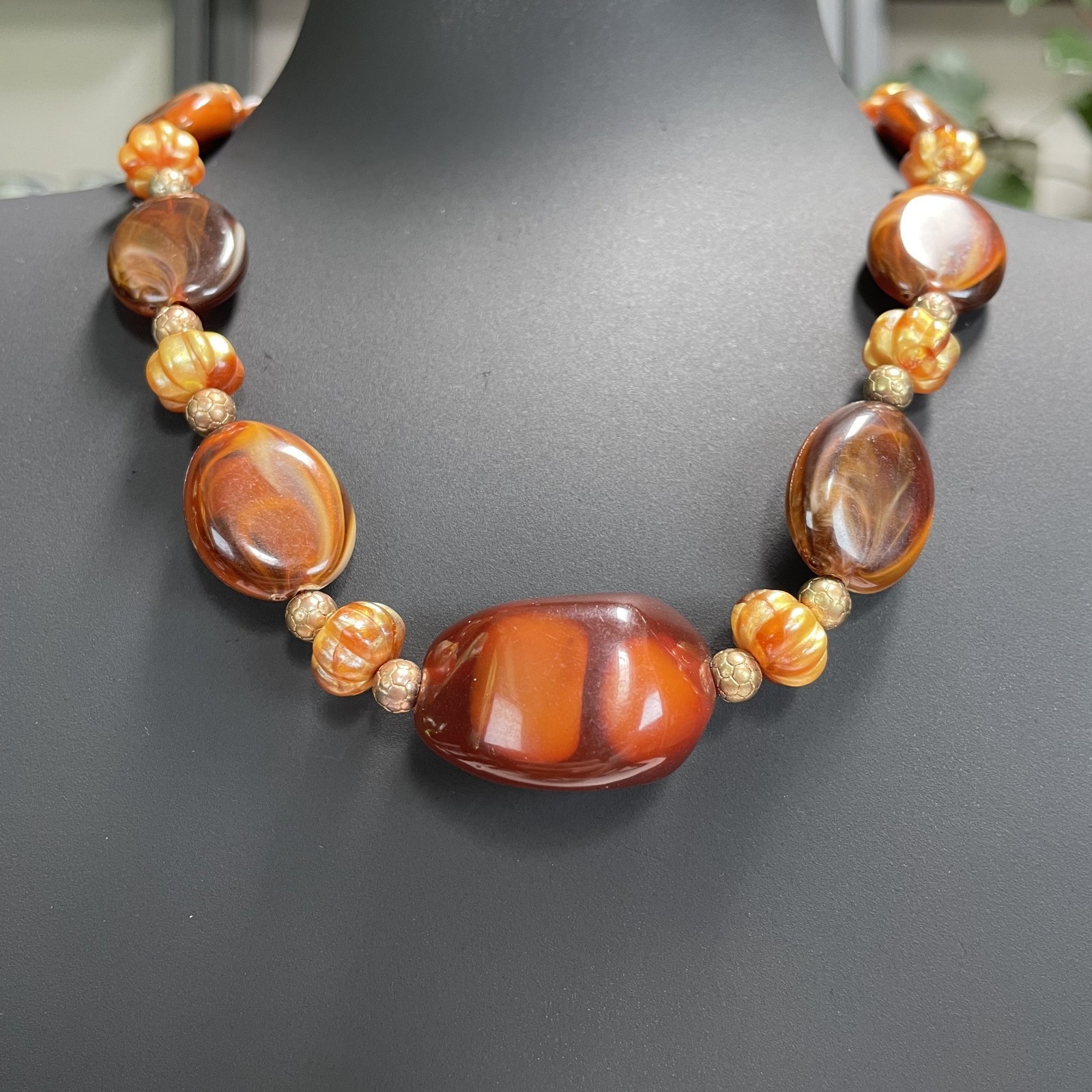 Vintage Napier Geometric Multi Color Agate Stone & Gold Tone Beads Necklace 18″