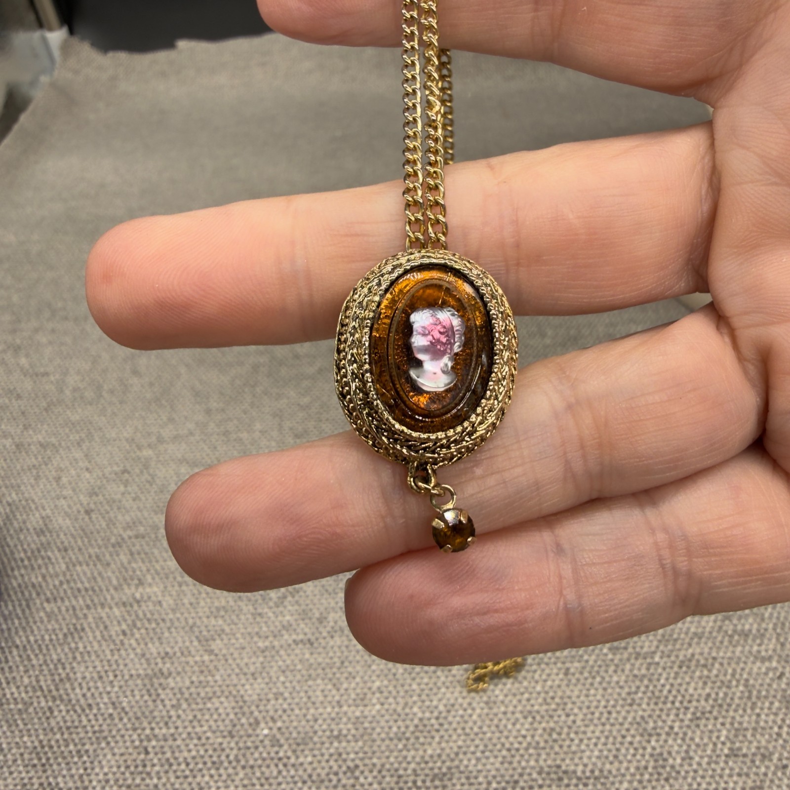 Vintage Necklace Translucent Lavender Glass Set on Brown Glass Gold Tone