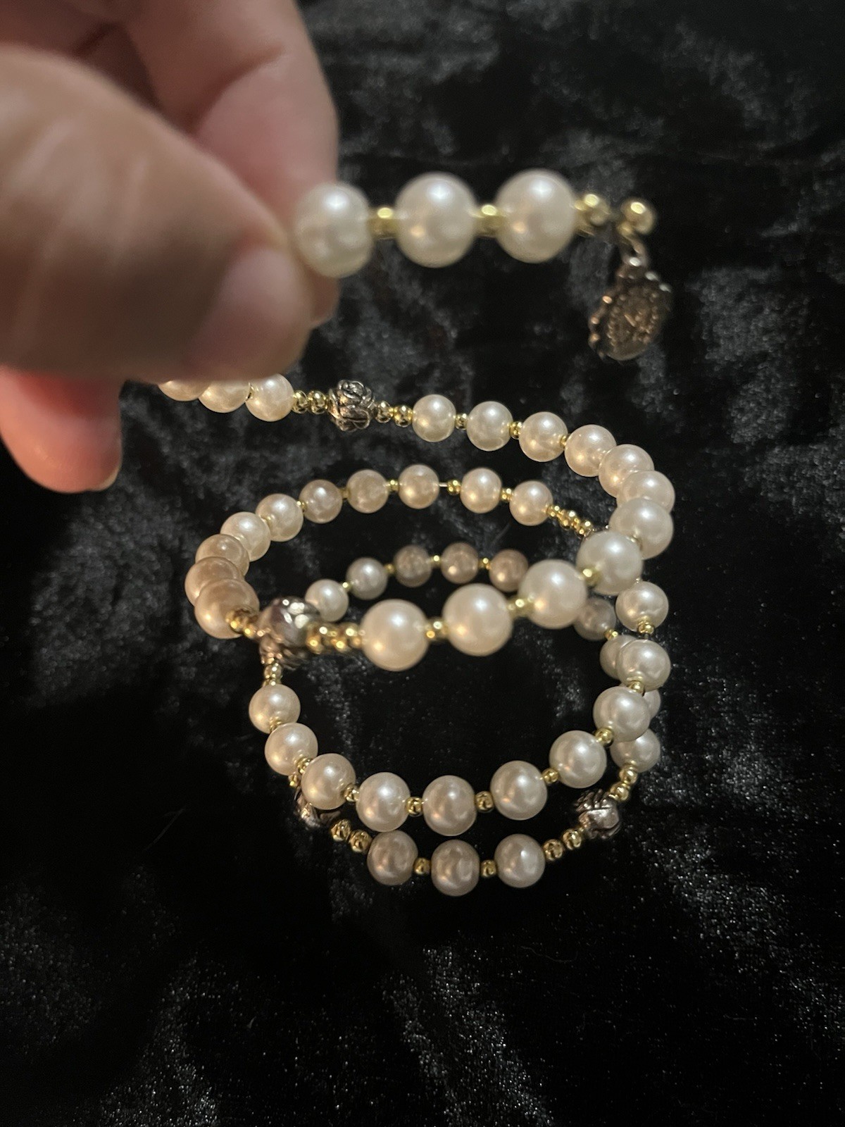 Vintage Faux Pearl Sterling Silver Coil Rosary Bracelet