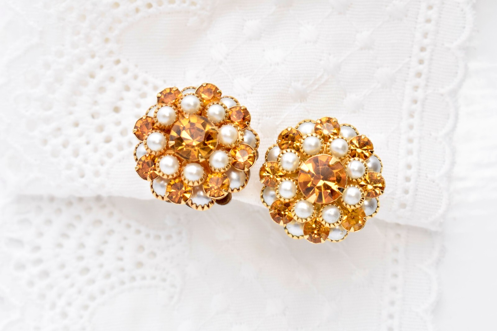 Vintage HOBE Citrine Orange Rhinestone Pearl Cluster Dome Screw Back Earrings
