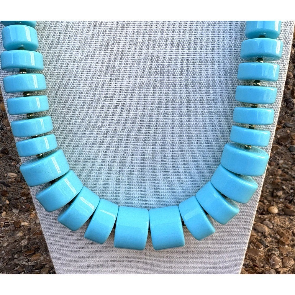 VTG Joan Rivers Graduated Disc Acrylic Lucite Necklace Turquoise Chunky 24″