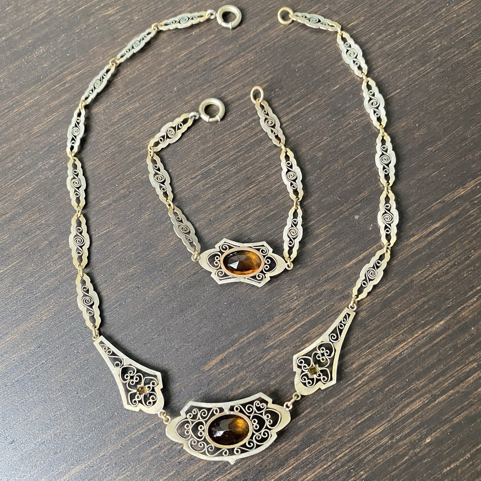 Vintage ART DECO CZECH Glass Filigree Necklace & Bracelet Set (AS-IS)