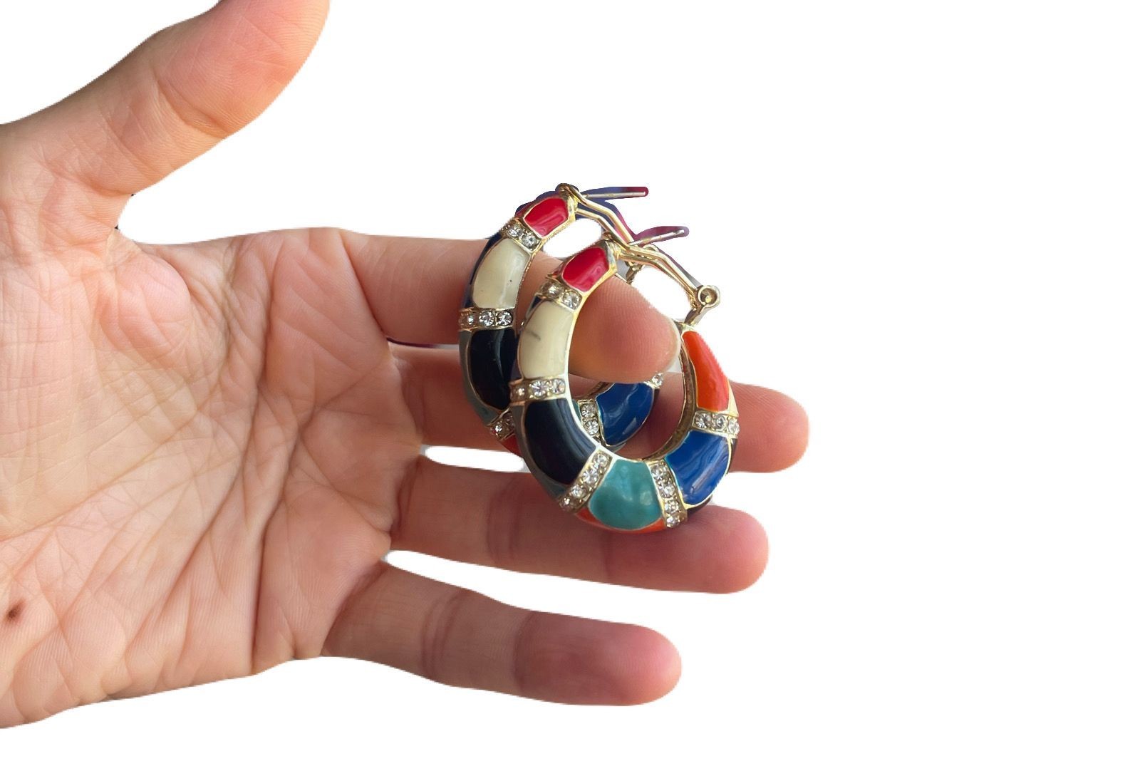 Chunky Multi Color Enamel Hoop Earrings Rhinestone Crystal Gold Tone