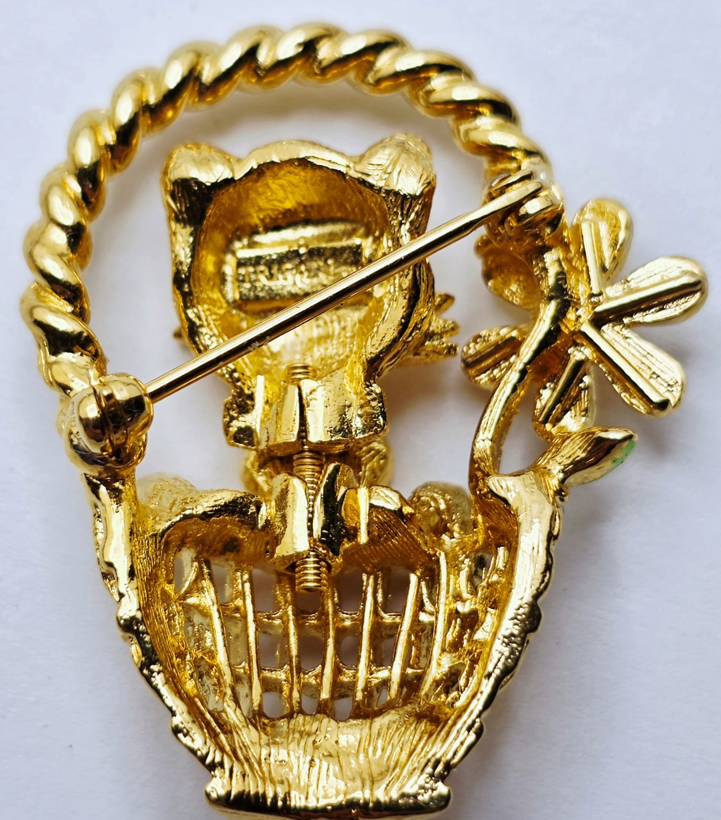 Vintage Signed Trifari Rhinestone Kitten / Cat in Flower Basket Trembler Brooch