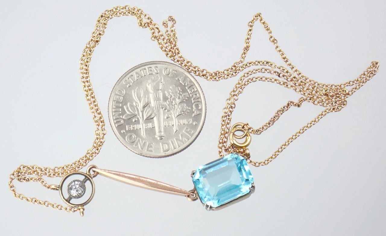 Fab Antique Edwardian Rose Gold Blue Paste White Sapphire Pendant Chain Necklace