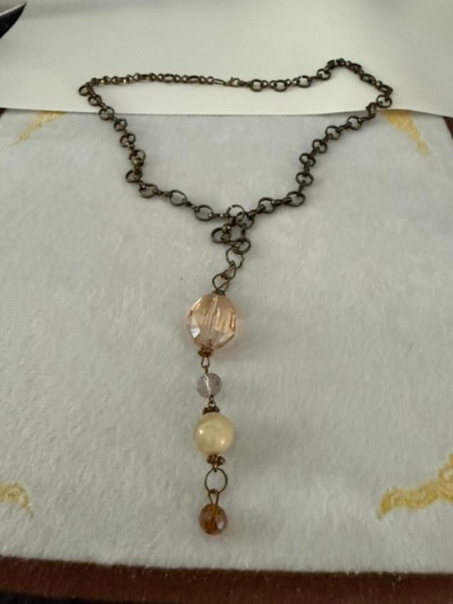 Vintage Style Bronze Tone Y Drop Necklace Champagne Amber Beads 22″