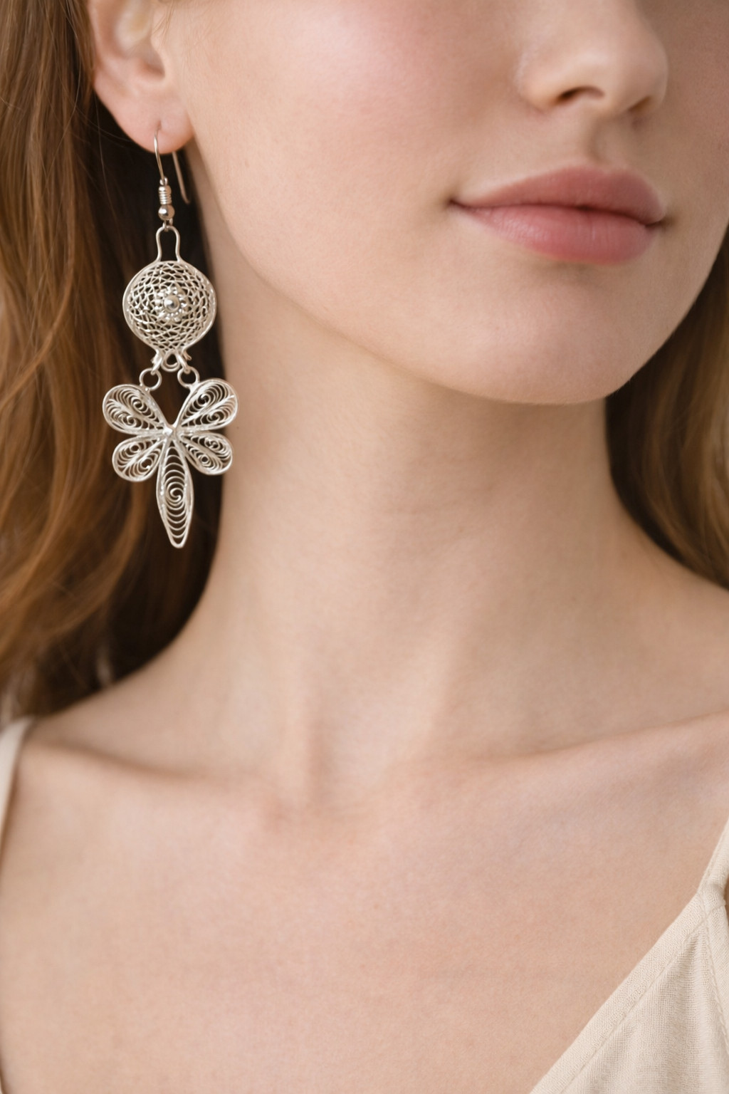 Ornate Vintage Style Silver Filigree Circle & Flower Earrings 2½” Long, Artisan
