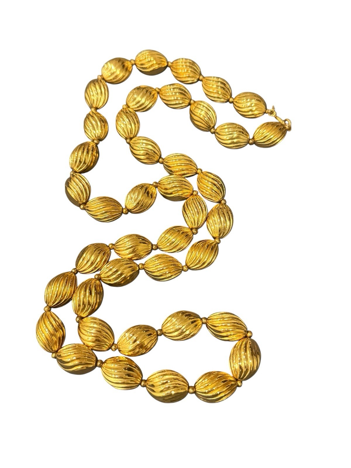 Signed Crown Trifari Vintage Gold Tone Ribbed Oval Bead Opera Long Necklace