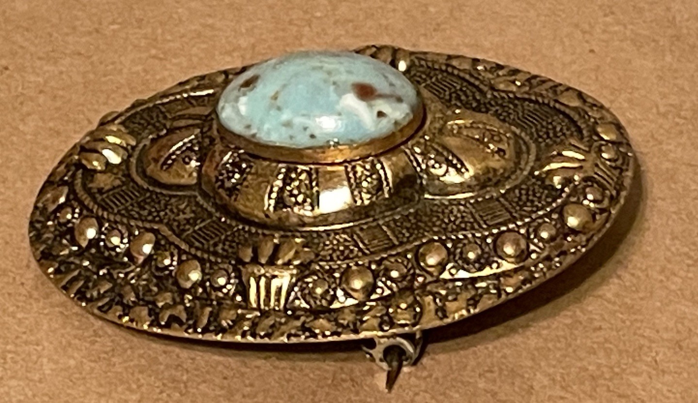 Vintage Brass & Faux Robin Egg Turquoise Brooch Pin Ornate Victorian Style