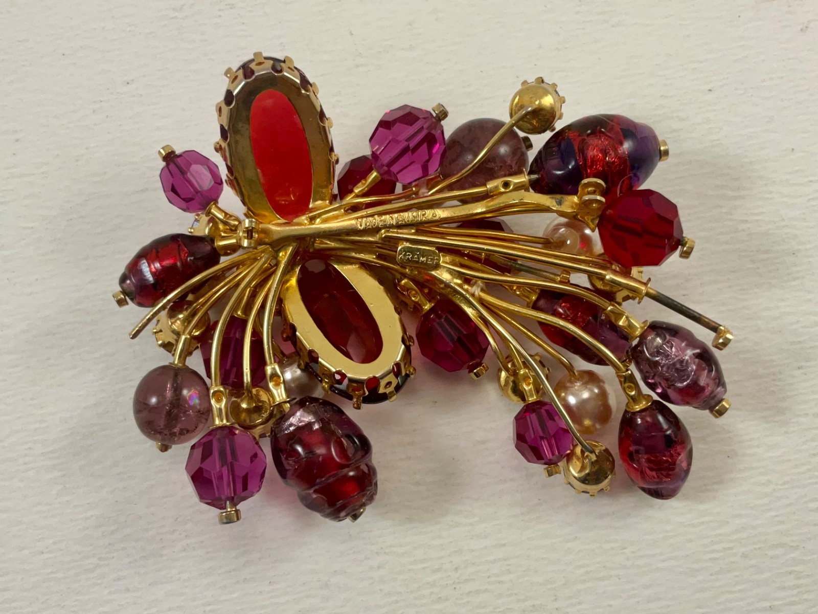KRAMER AUSTRIAN Raised 3” Purple Spray Faux Pearls Vintage Signed BROOCH #643B
