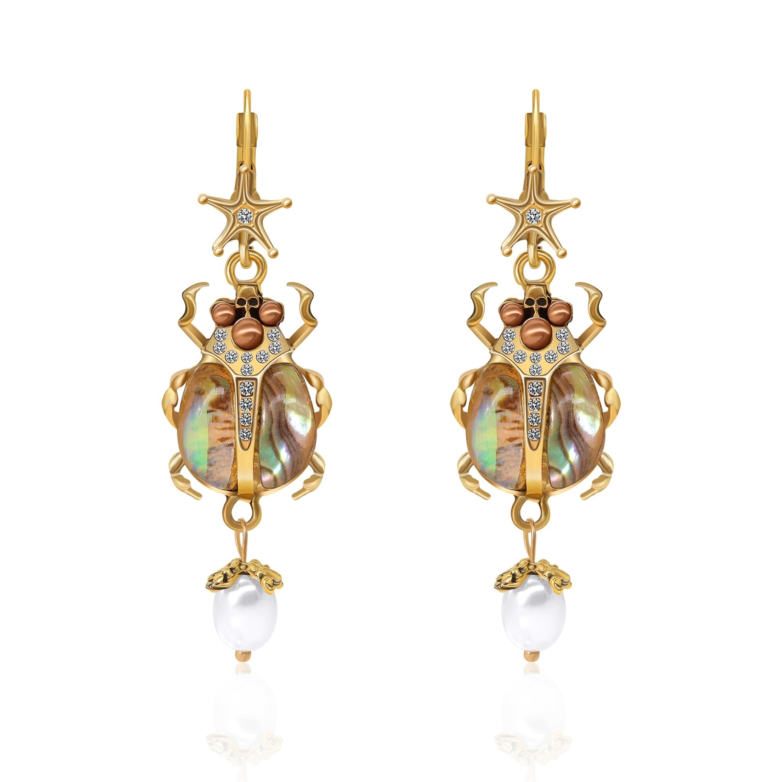 Vintage Beetle Scarab Bug Dangle Earrings for Women, Imitation Pearl Insect D…