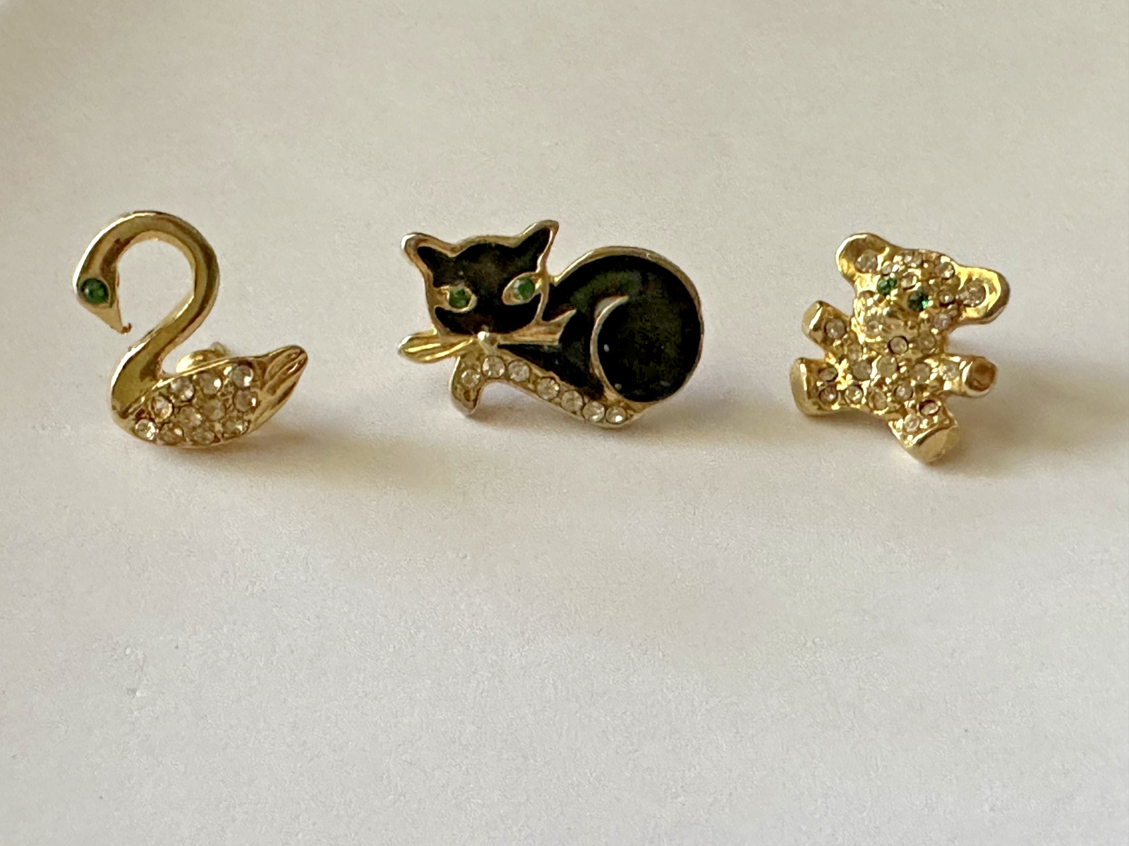 Assorted Animal Gold Toned Pins (Swan, Black Cat, Teddy Bear)