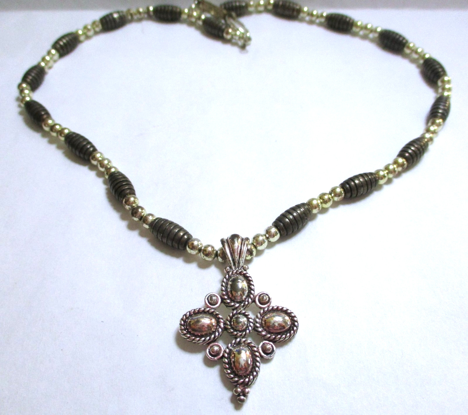 VINTAGE NAPIER SILVERTONE CROSS PENDANT, BEADED NECKLACE, SIGNED