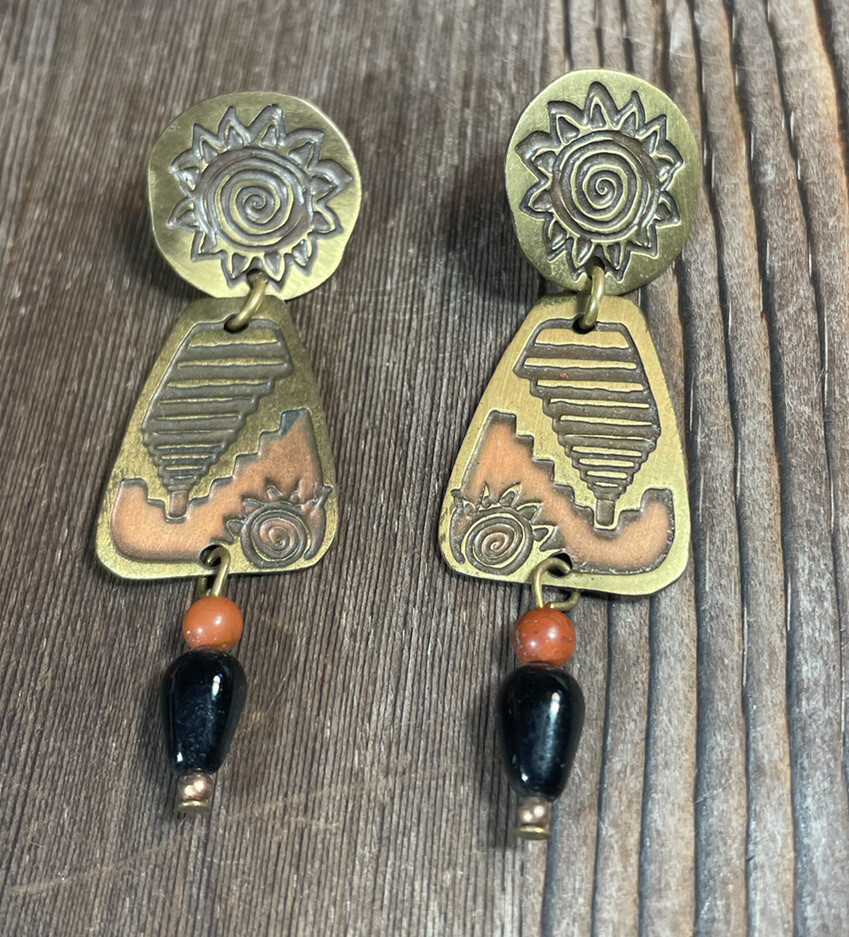Artisan Metal Brass Stamp Pierced Earrings Sun Southwest 2.25” copper color CUTE