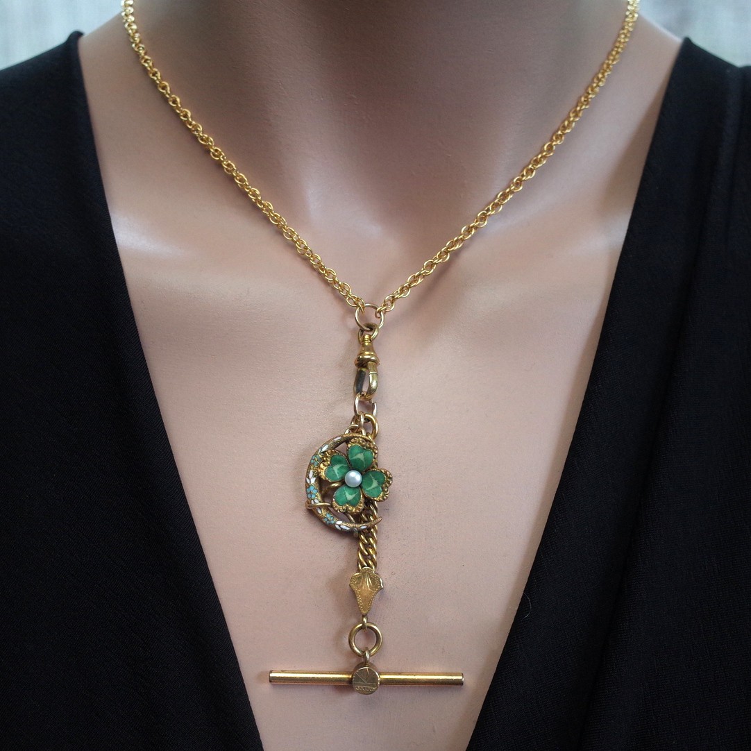 Antique Rolled Gold Enamel Four Leaf Clover & Crescent Pendant Necklace Pearl