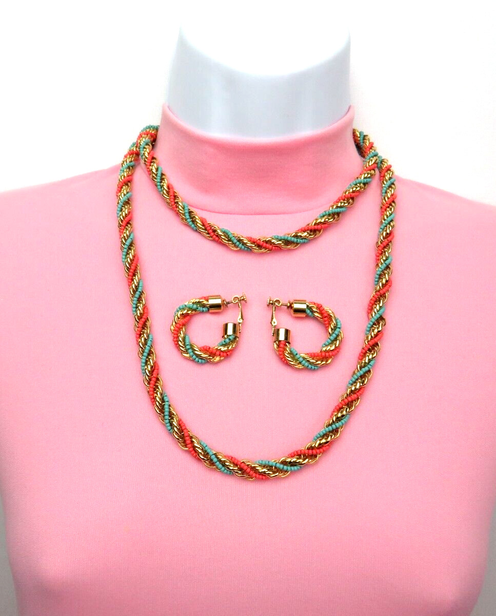 VTG 1950s 60s DOUBLE STRAND EGYPTIAN REVIVAL RUNWAY NECKLACE & EARRINGS GOLDEN