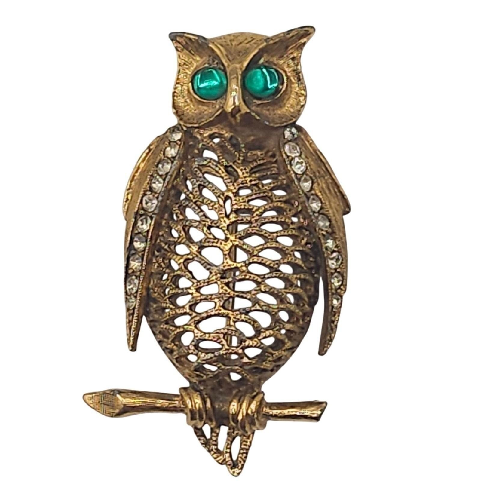 2pc Vtg Owl Brooches Gold Tone Rhinestone Figural Animal Nature Wise Forest Pins