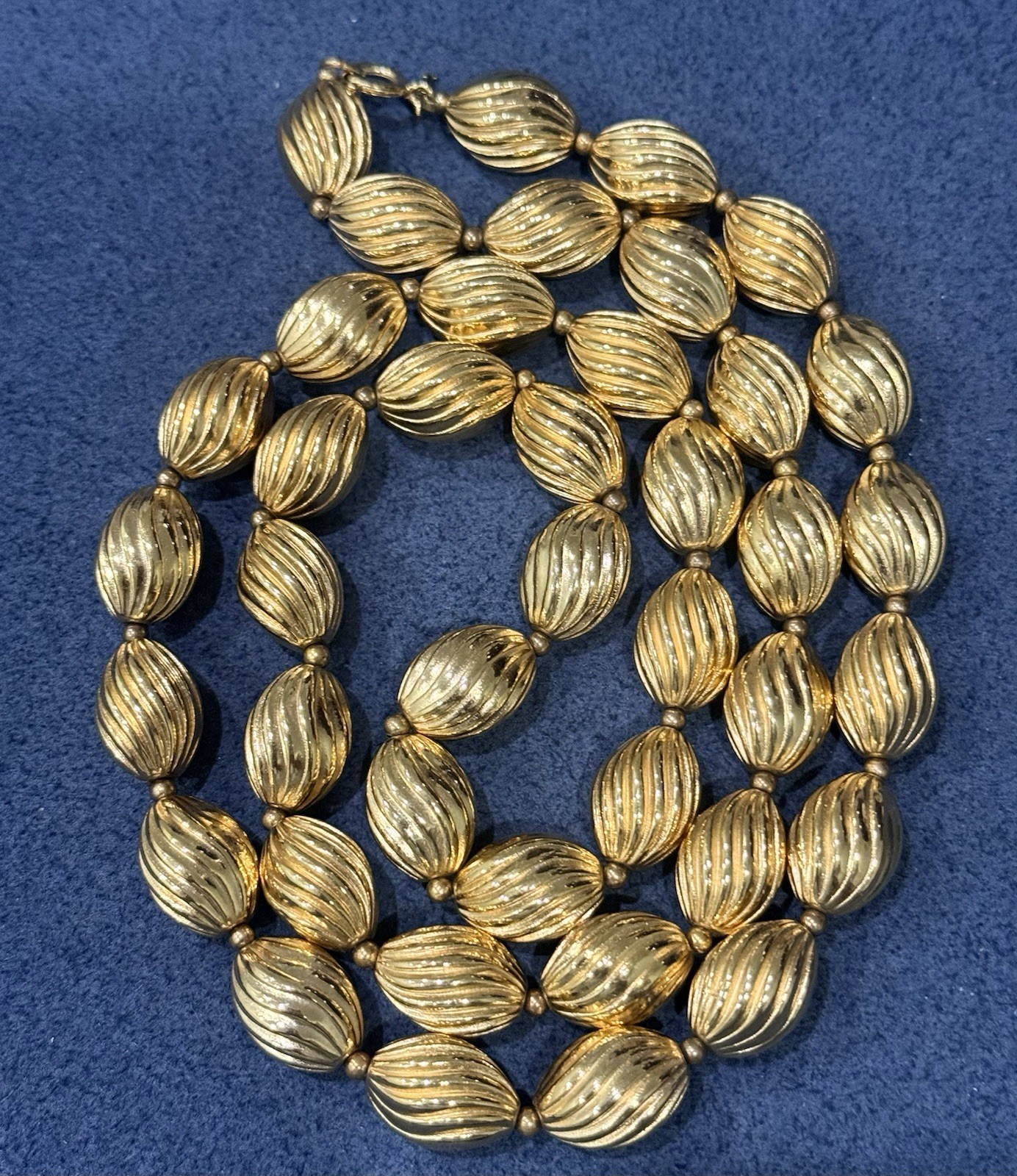 Signed Crown Trifari Vintage Gold Tone Ribbed Oval Bead Opera Long Necklace