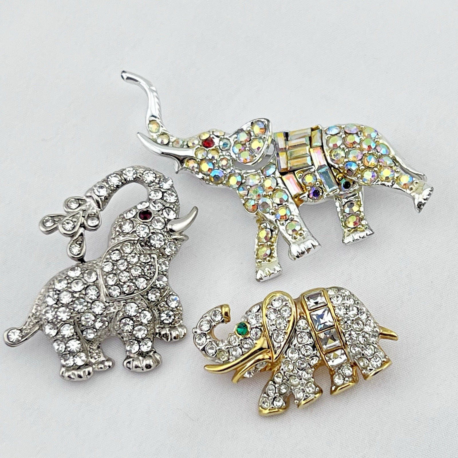 Vintage Elephant Brooch Pin Lot of 3 Fancy Ice Rhinestone Trunk Up Luck Estate