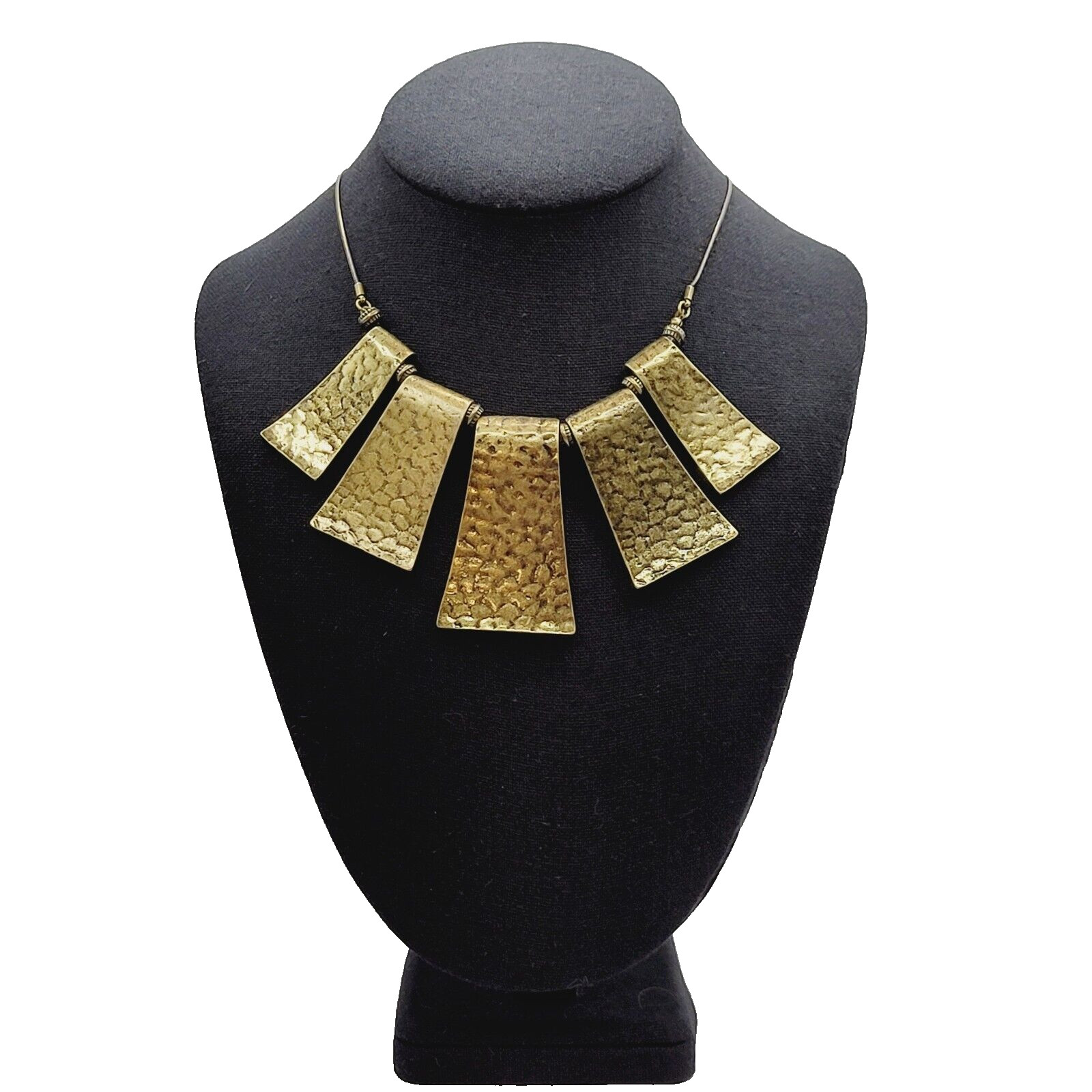 Exotic Hammered Style 5 Metal Plate Bib Necklace Brutalist Cleopatra Look 21 In