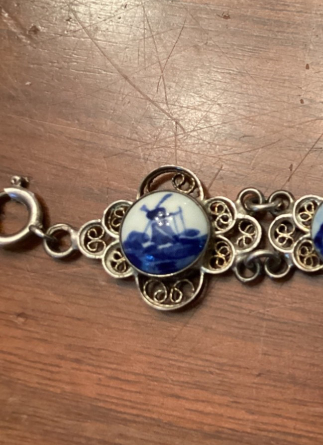 Vintage 835 Silver Filigree Delft Holland Blue Porcelain Windmill Bracelet