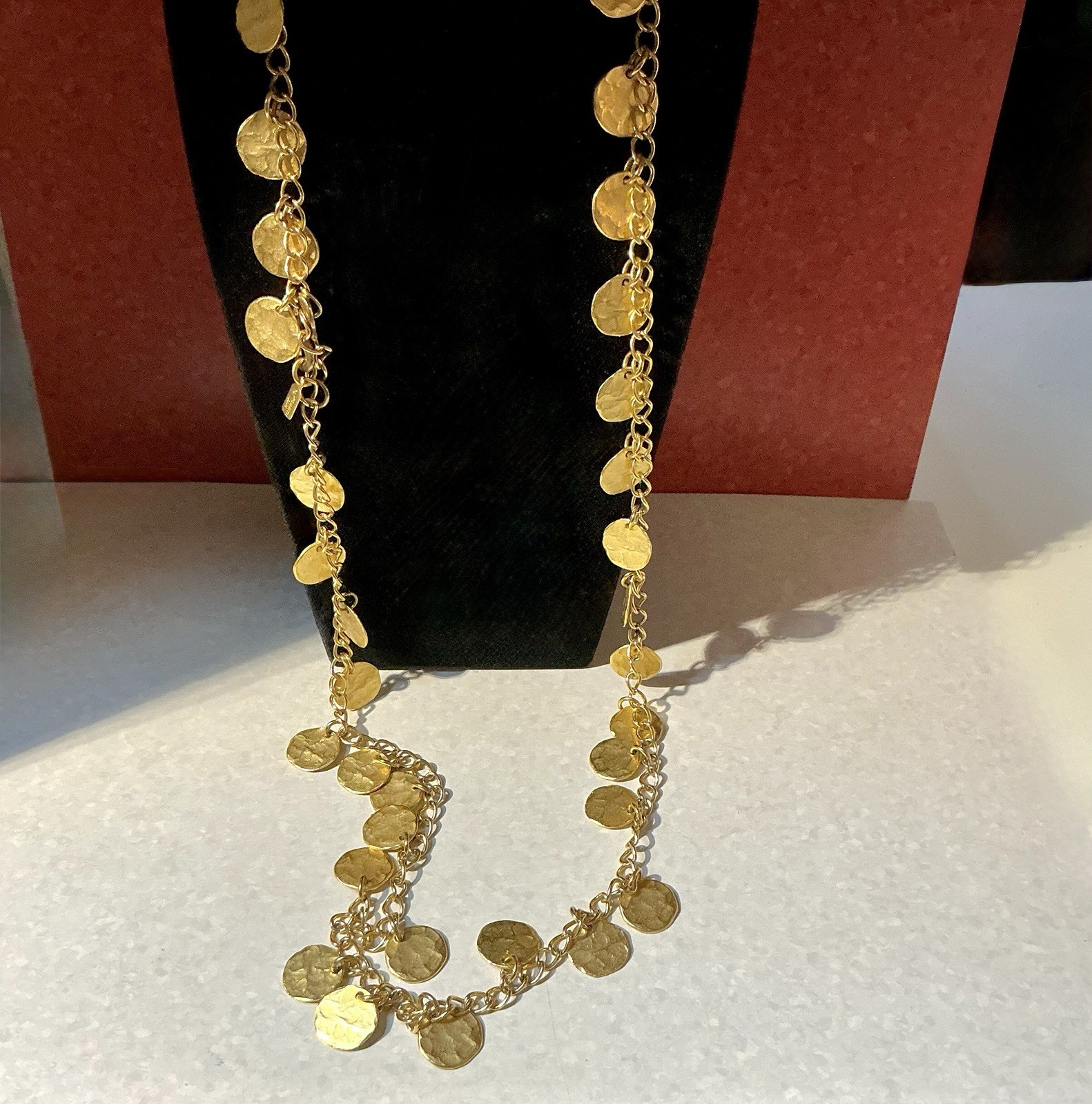Vintage Kenneth Jay Lane Satin Gold Hammered Coins Discs Necklace 36″ Long 1980s