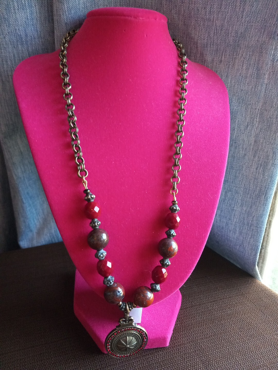 Rare Vintage Retired Grandmother Button Necklace ,Rhinestones, Marble Stones,…