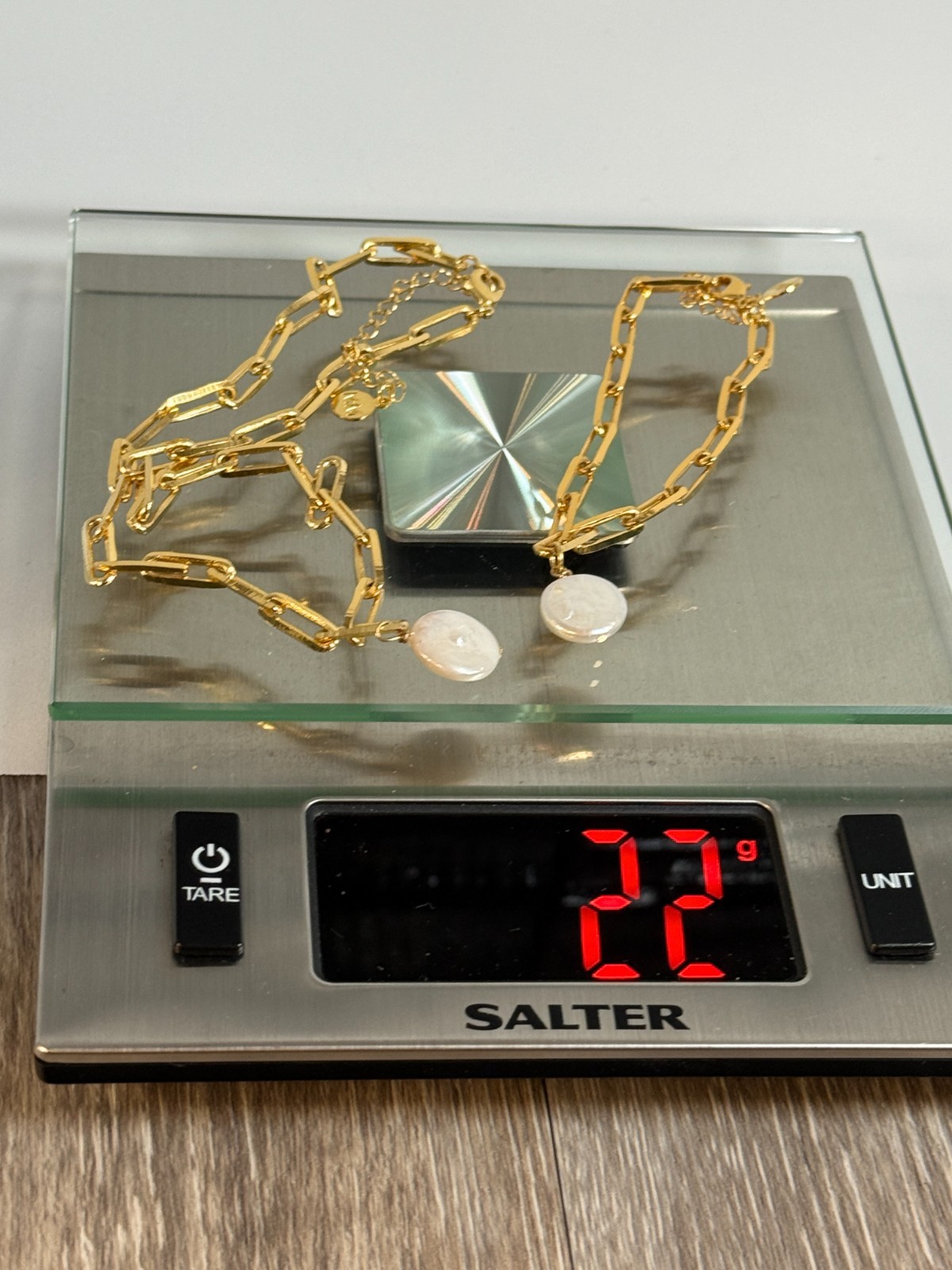 Mayamar (24K Gold Plated) Chunky Link Choker Necklace & Bracelet w/ Pearl Charm