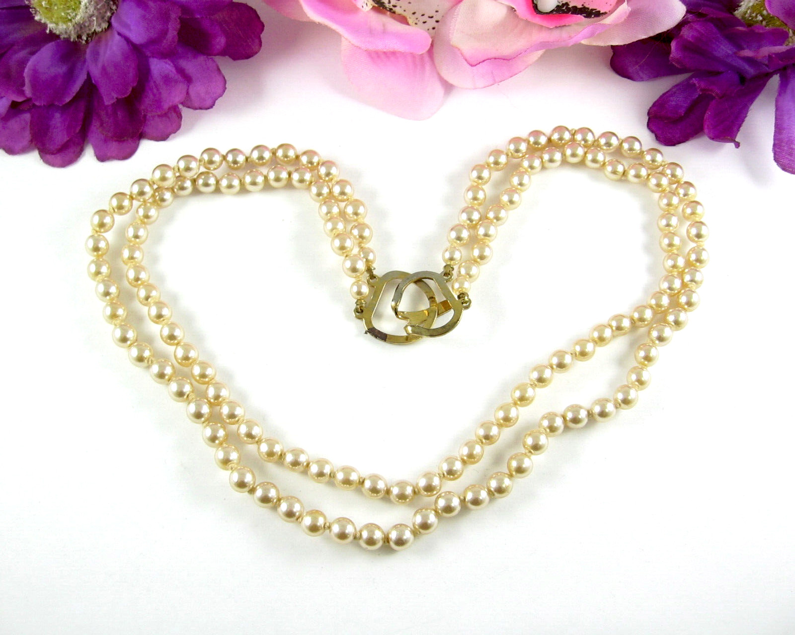 Necklace GLASS FAUX PEARL BEADS Imitation 2 Double Strand Vintage Beaded Knotted