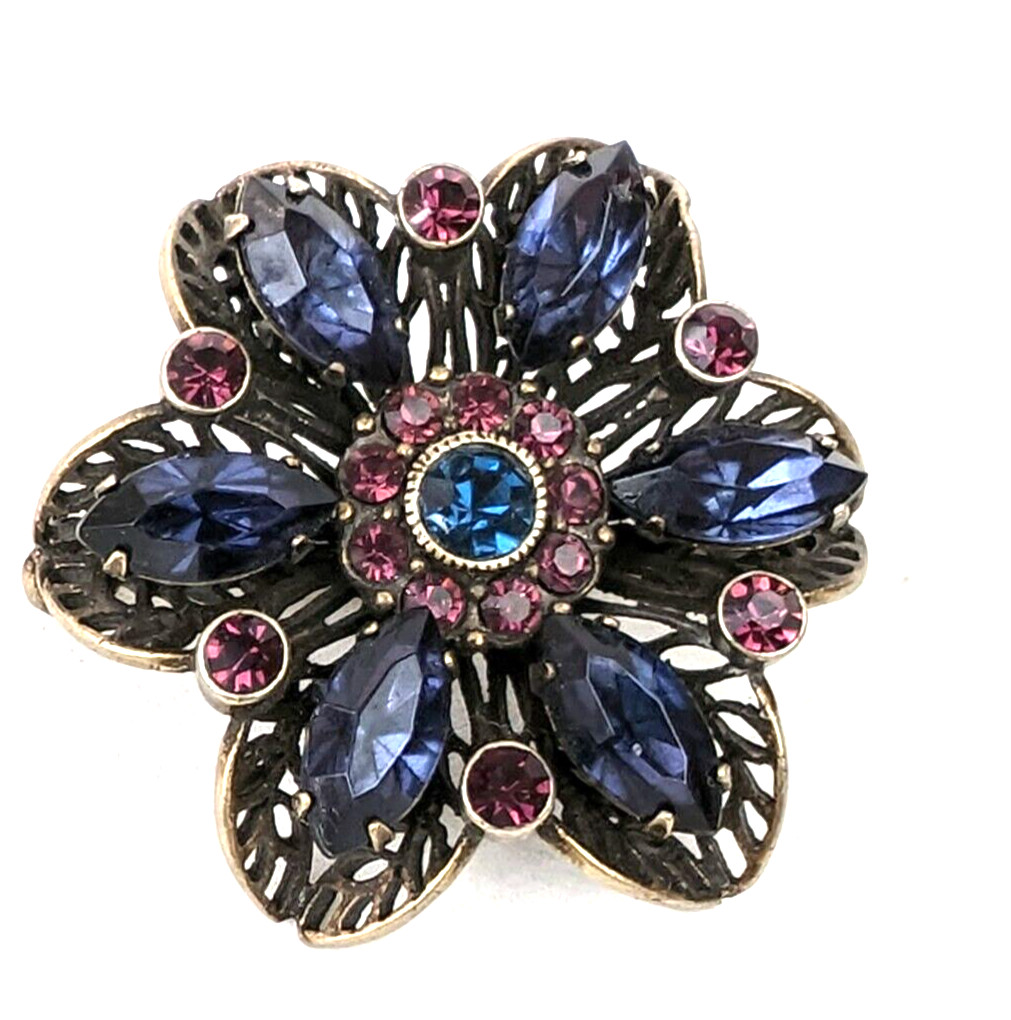 Sapphire Blue & Amethyst Rhinestone Filigree Vintage Silver Tone Brooch Pin 1.5″