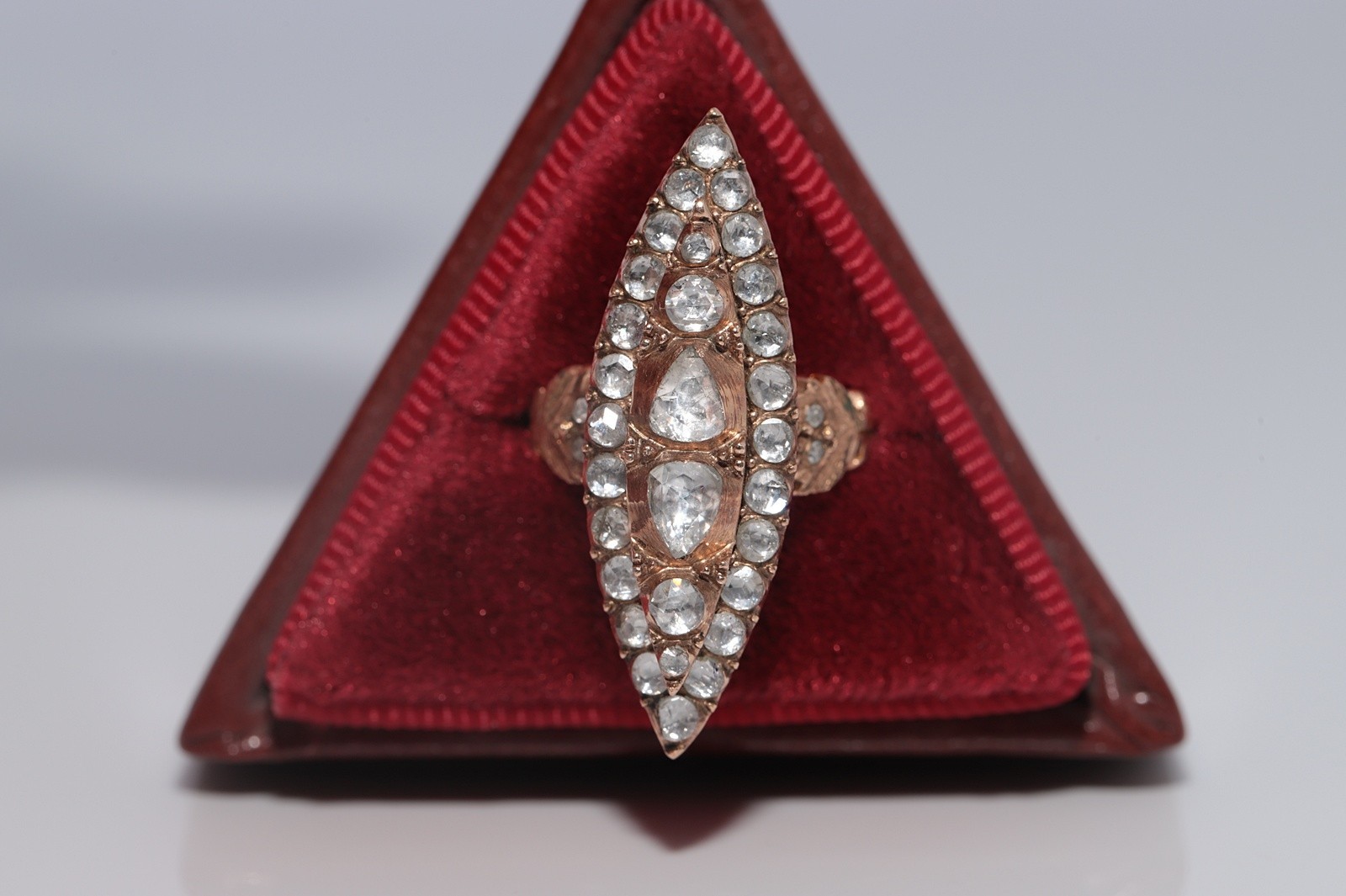 Vintage Circa 1950s 9k Gold Estate Natural Rose Cut Diamond Navette Ring