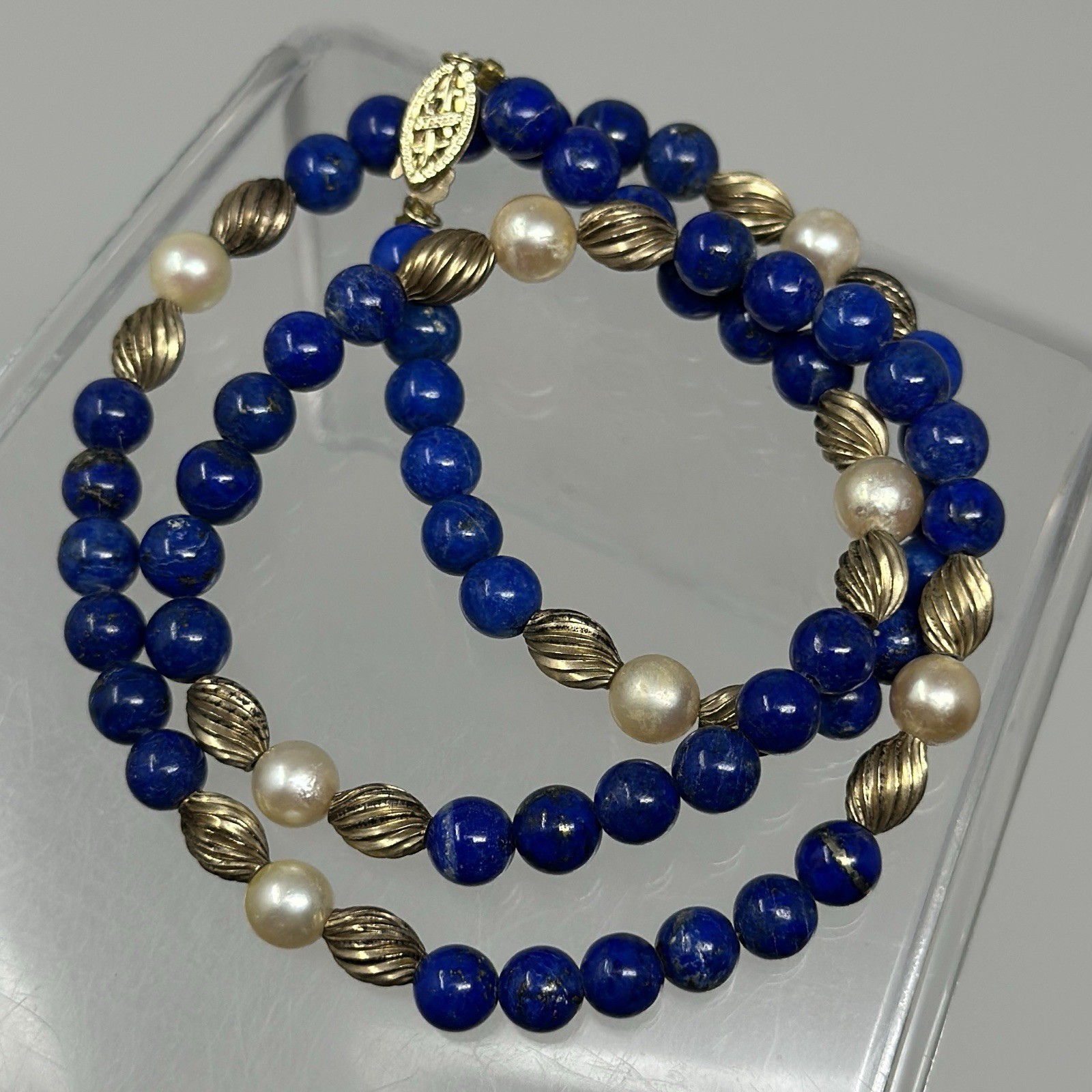 Vintage 14K Yellow Gold Polished Deep Blue Lapis Lazuli Pearl Beaded Necklace