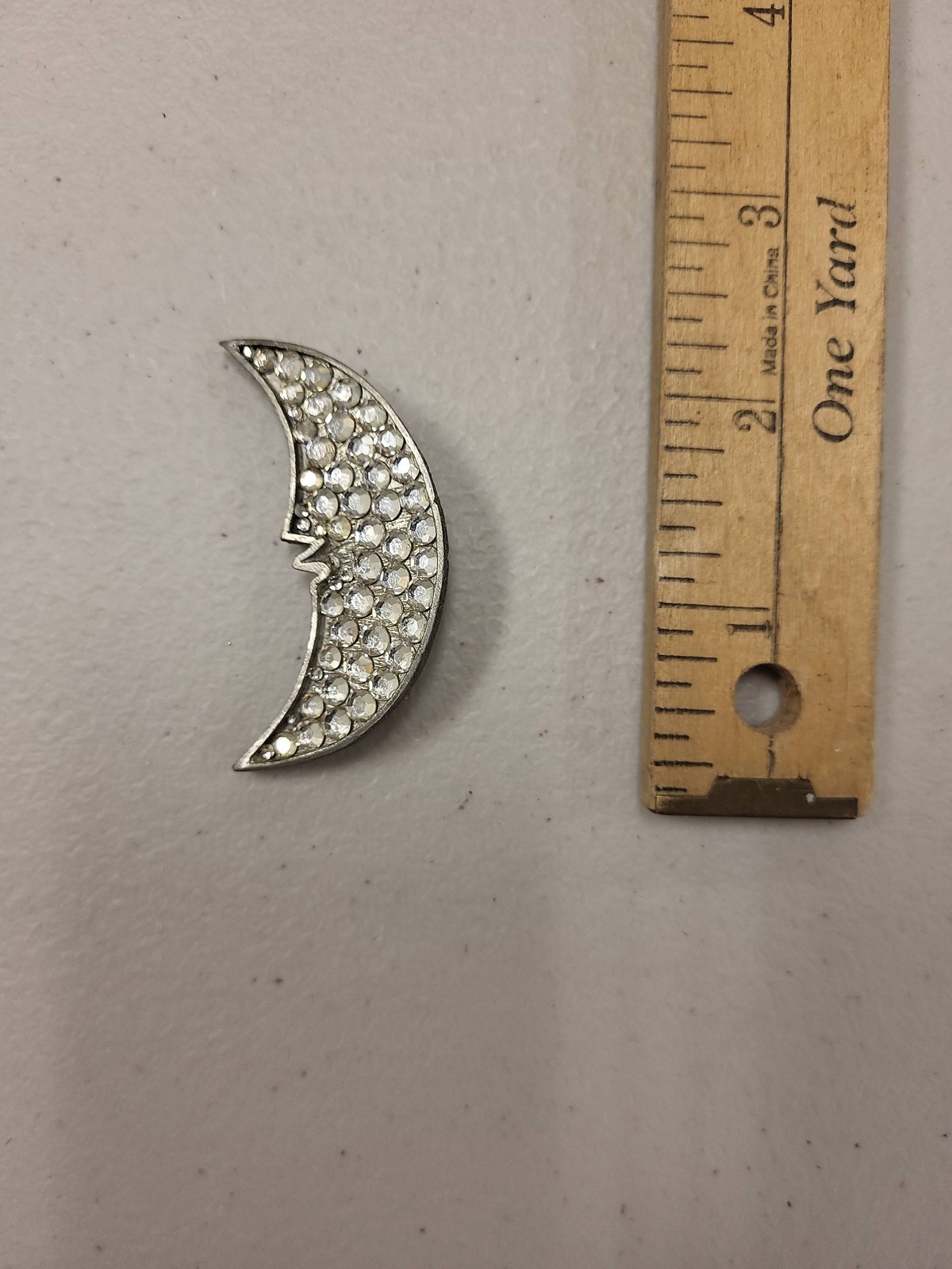 Vintage Silver Tone Rhinestone Crescent Moon Face Pin Brooch Man In The Moon 2″