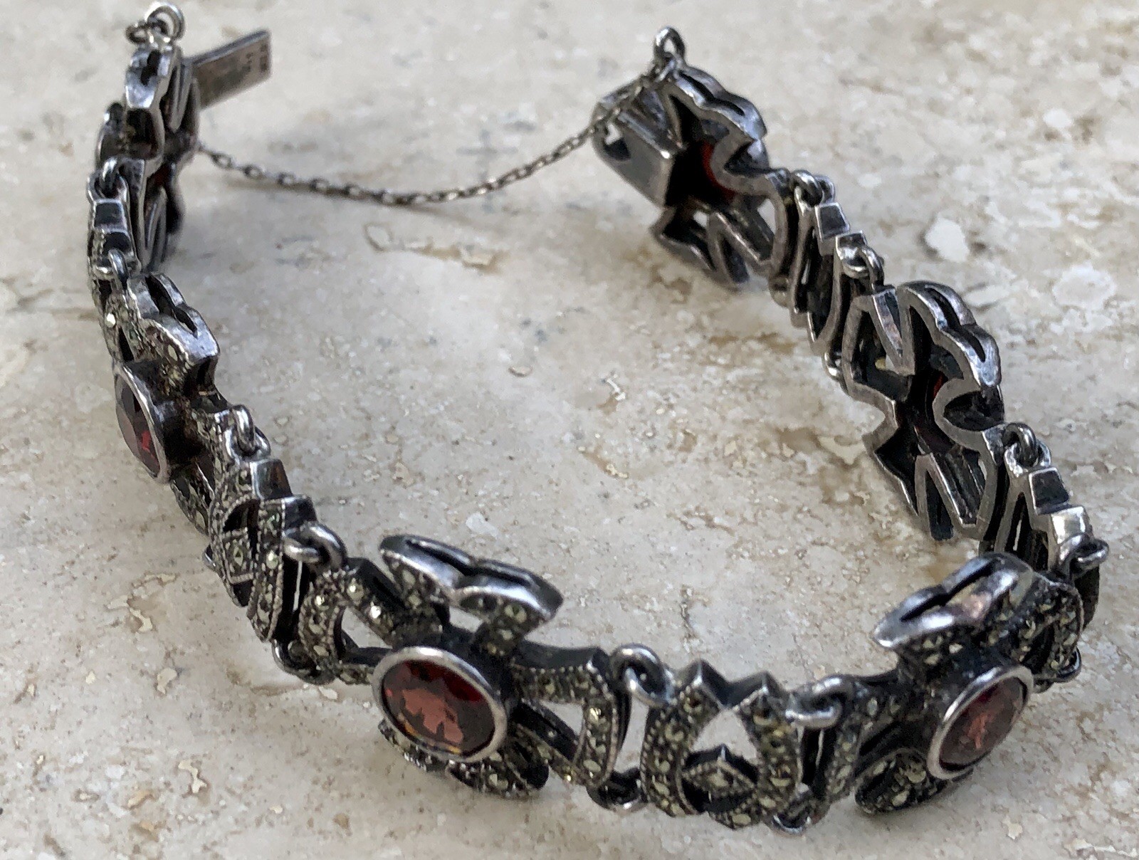💥❤️✨VINTAGE 925 STERLING SILVER GARNET & MARCASITE MALTESE CROSS BRACELET ✨❤️💥