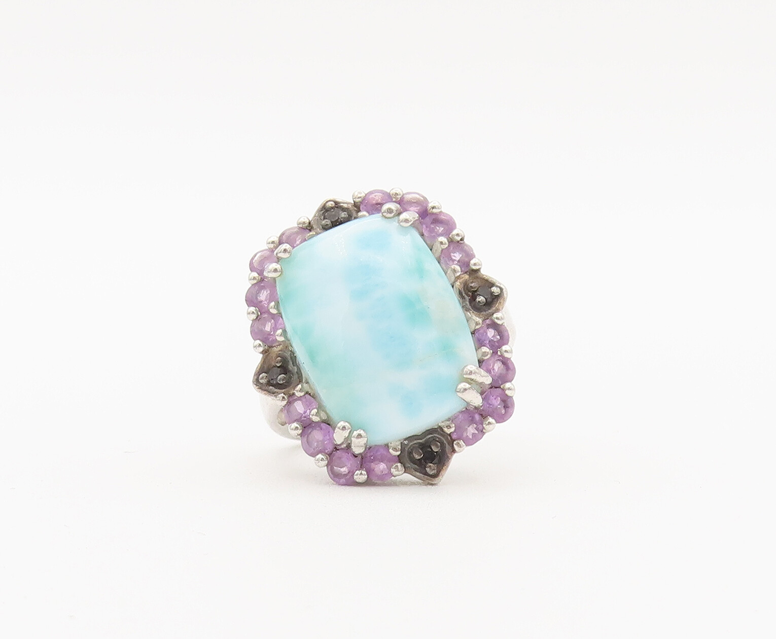 925 Sterling Silver Vintage Ring Larimar Halo Amethyst Sapphire Sz 6 RG27906