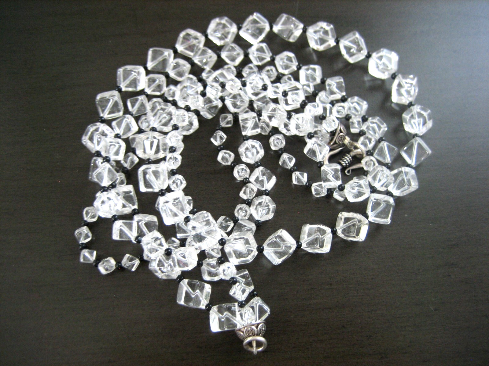 ART DECO VINTAGE ROCK CRYSTAL BEADS SQUARE CUT HOOK CLASP NECKLACE