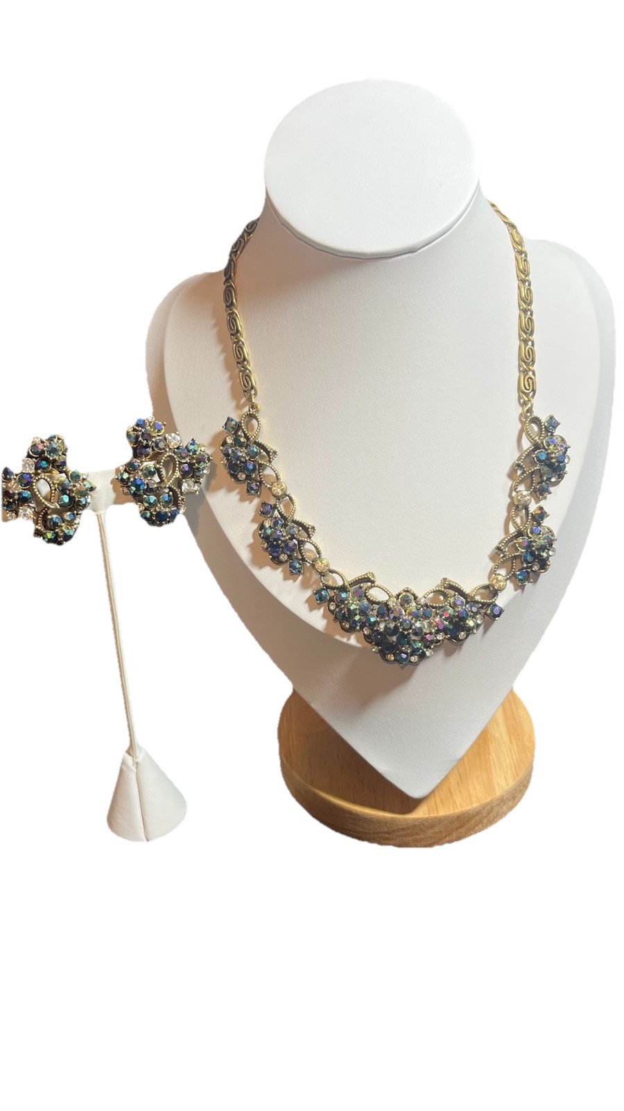 Vintage Florenza Peacock Blue & Vitrail A/B Rhinestones Necklace & Earring Set