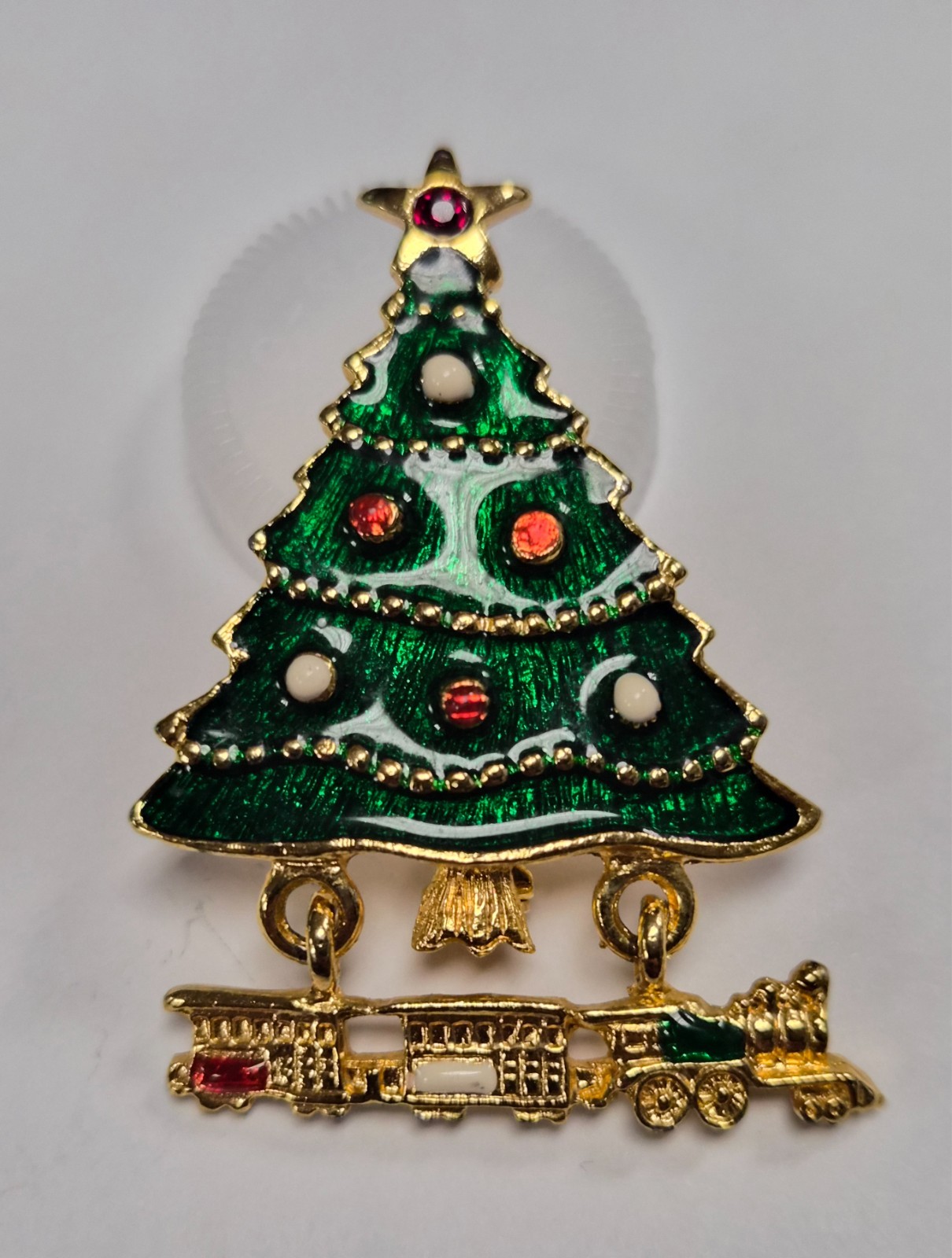 Vintage 80’s Gold Tone & Enamel Christmas Tree W/ Dangle Toy Train Pin / Brooch