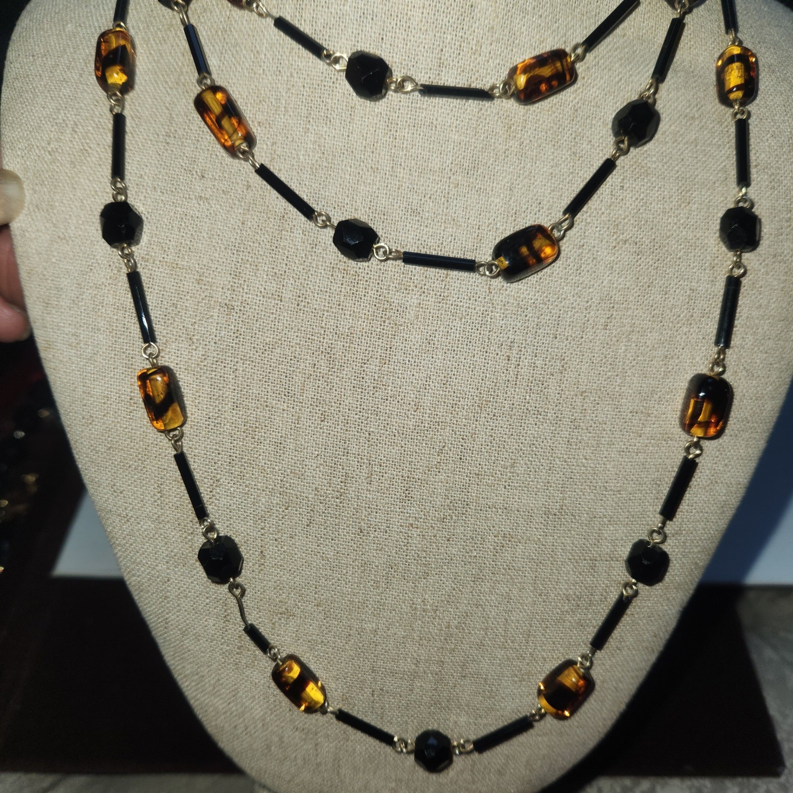 Glass Beaded Long Station Necklace Gold Tone 25in