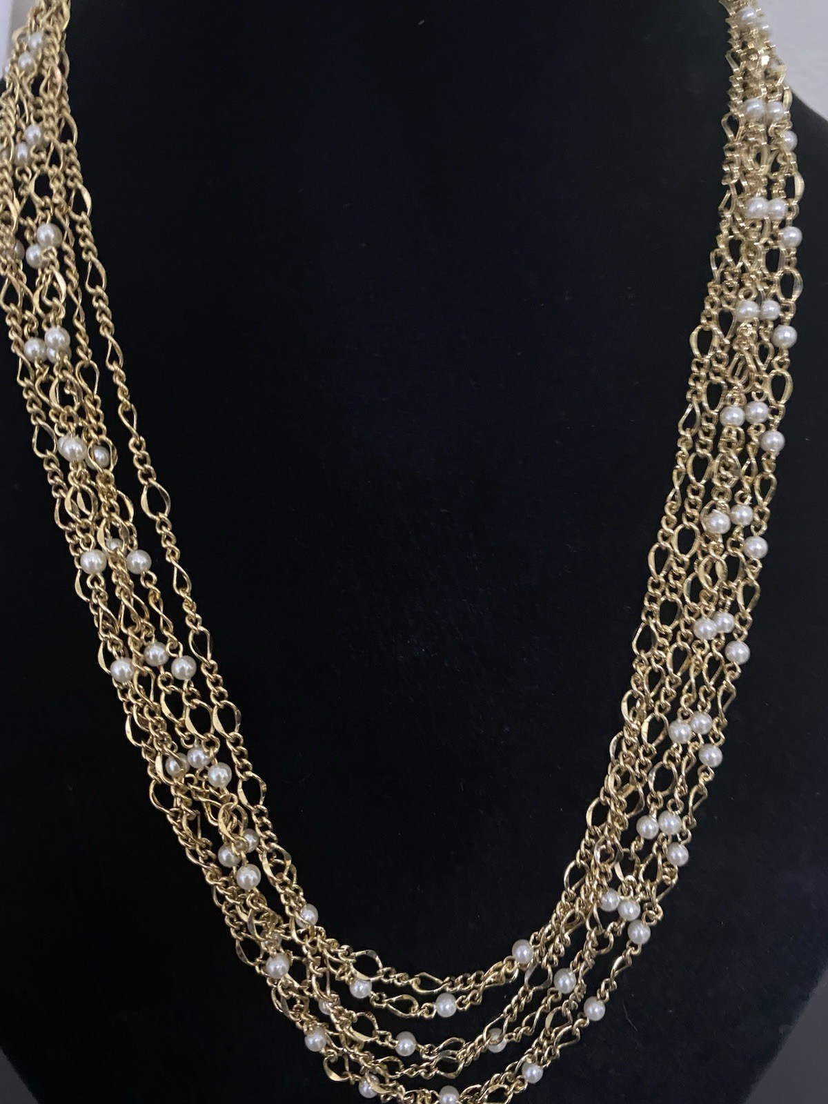 Multiple Gold tone link chain & Faux Pearl Strand Necklace 24 “