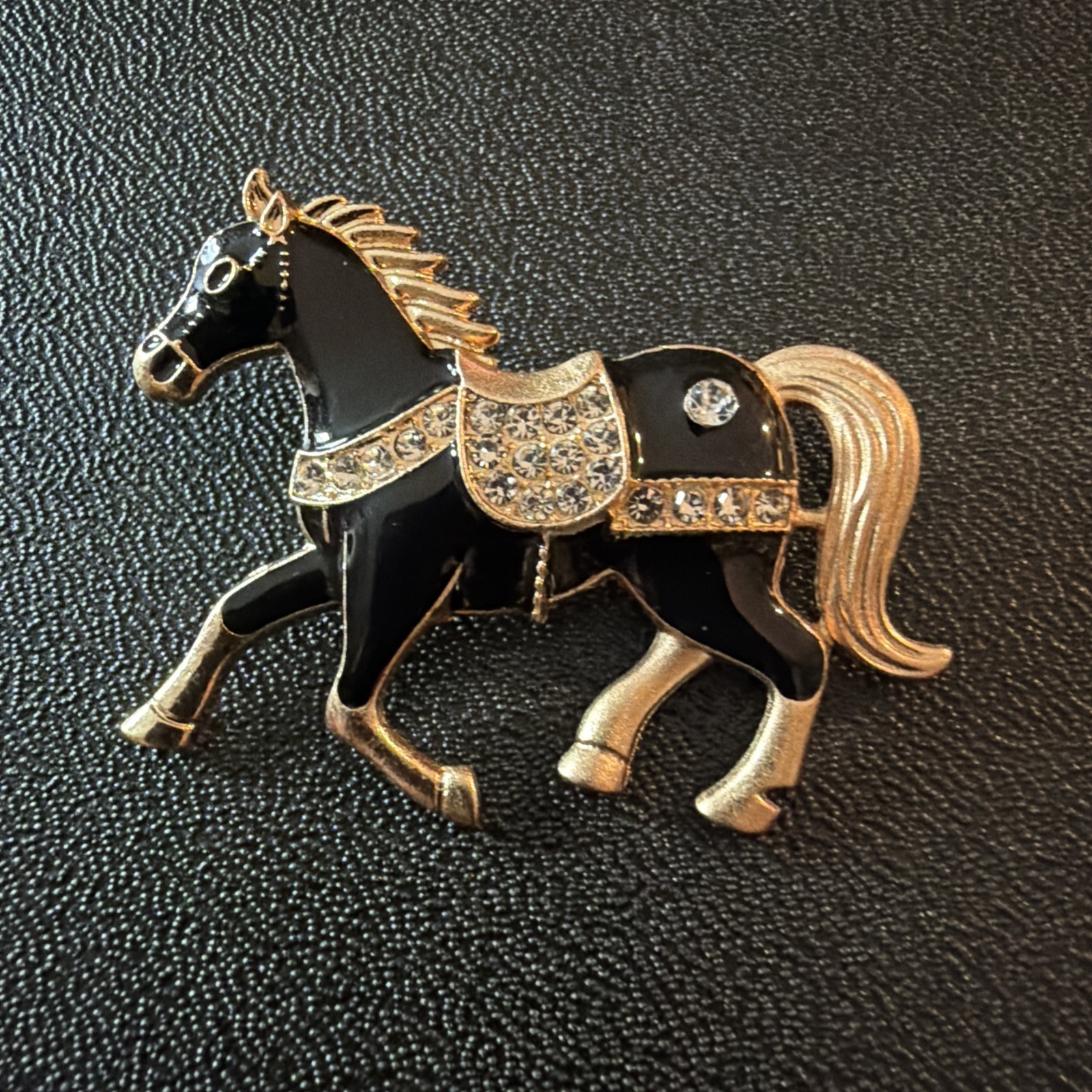 Rhinestone And Black Horse Brooch