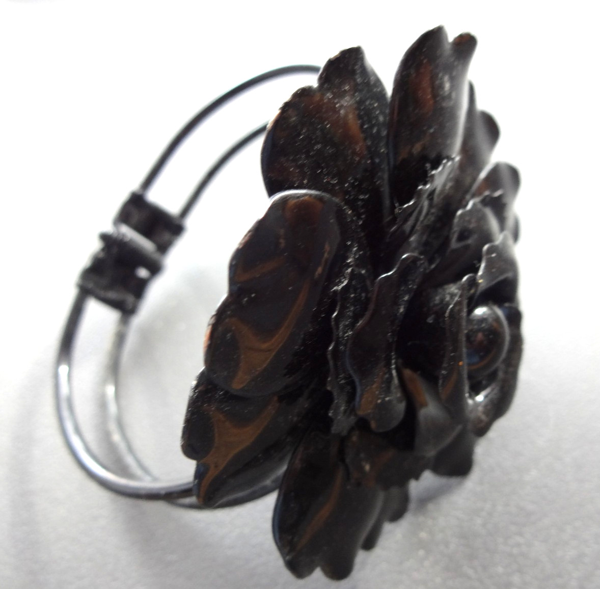Vtg Chunky Black Enamel Metal Rose Flower Clamper Bracelet Rare Mourning